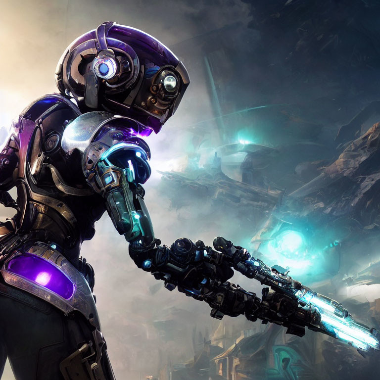 Futuristic humanoid robot with purple glowing elements and energy weapon in sci-fi setting