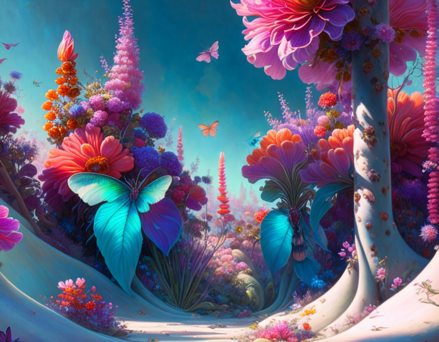 Fantasy garden with oversized blue butterflies and colorful flora