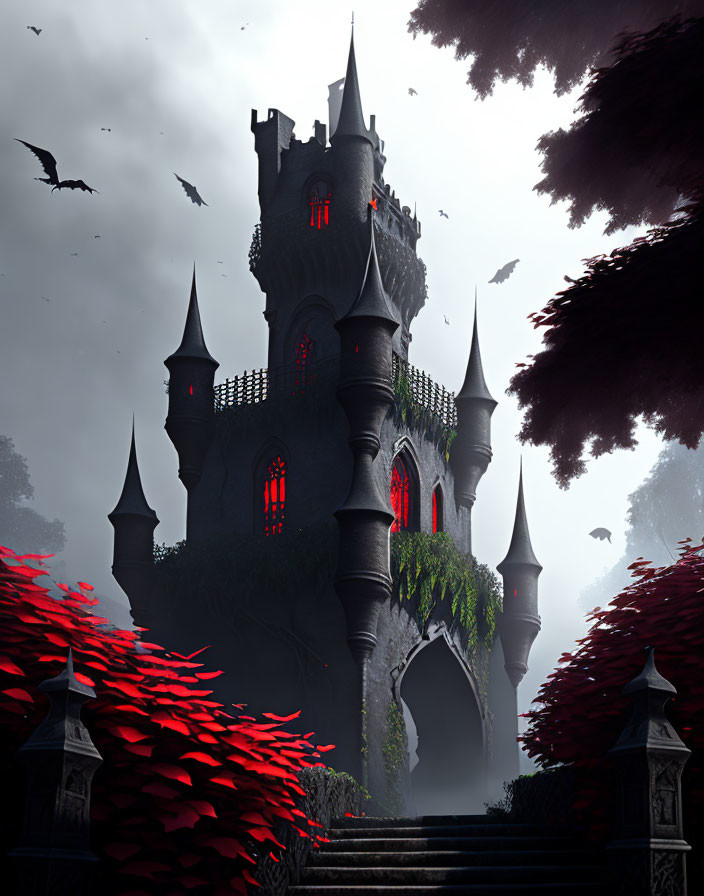 Gothic castle with spires under moody sky and red-lit windows amid dark trees and