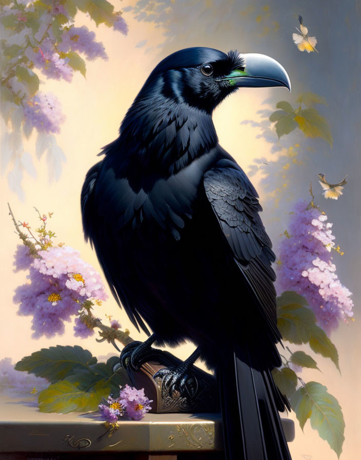 Realistic painting of black crow on metal structure with pink flowers & butterflies