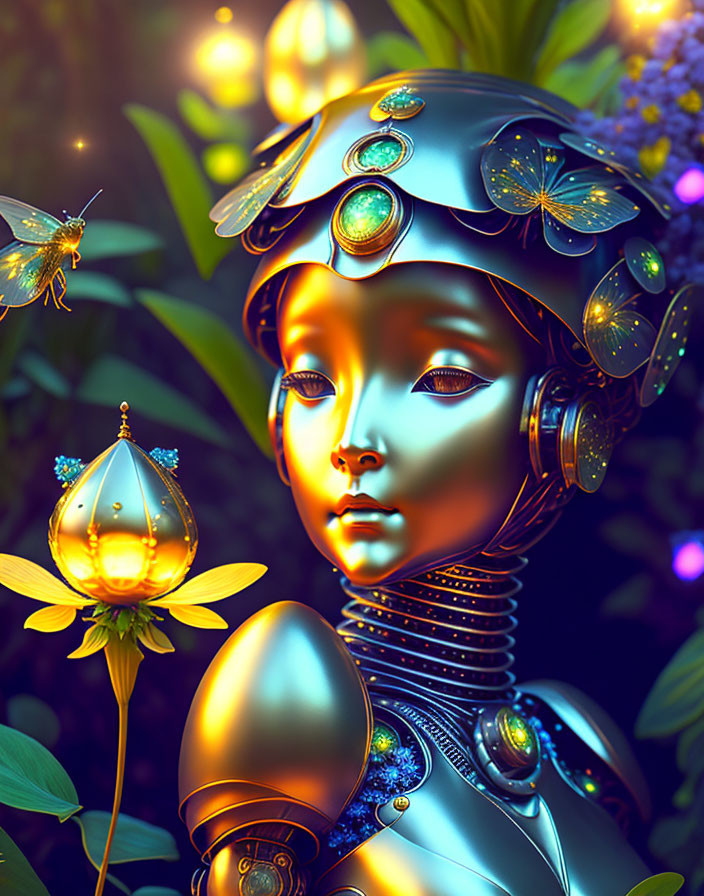 Futuristic metallic female android with glowing gemstones in enchanted garden