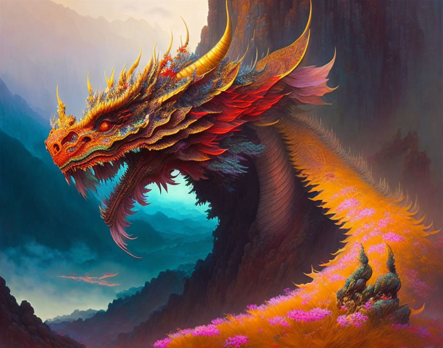 Majestic dragon with fiery scales on misty mountain landscape