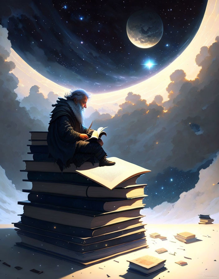 Elderly Man Reading on Stack of Books Under Night Sky