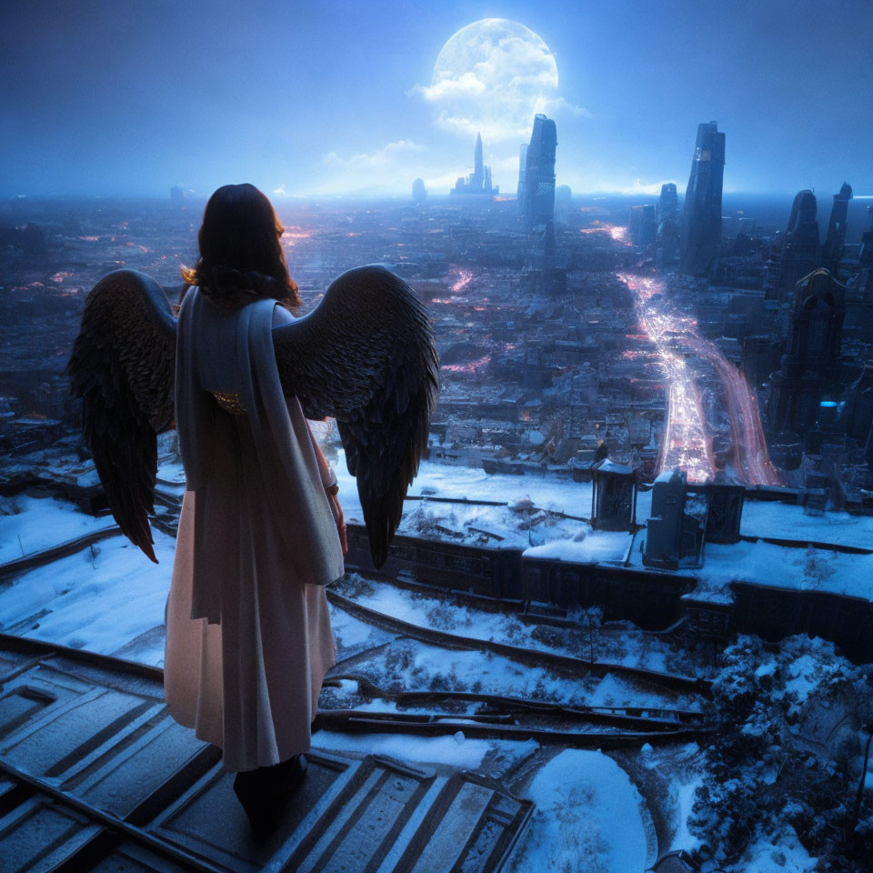 Angel wings figure overlooking futuristic city at night