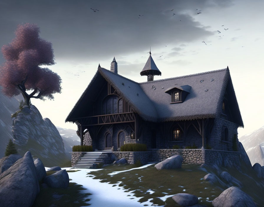 Digital artwork of a Gothic-style house in rocky terrain at dusk