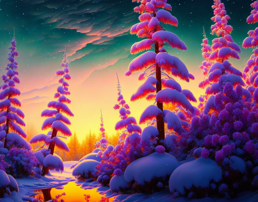 Snow-covered trees under starry sky in vibrant winter scene