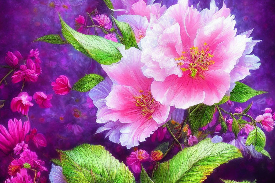 Colorful Digital Art: Pink Peonies on Textured Purple Background