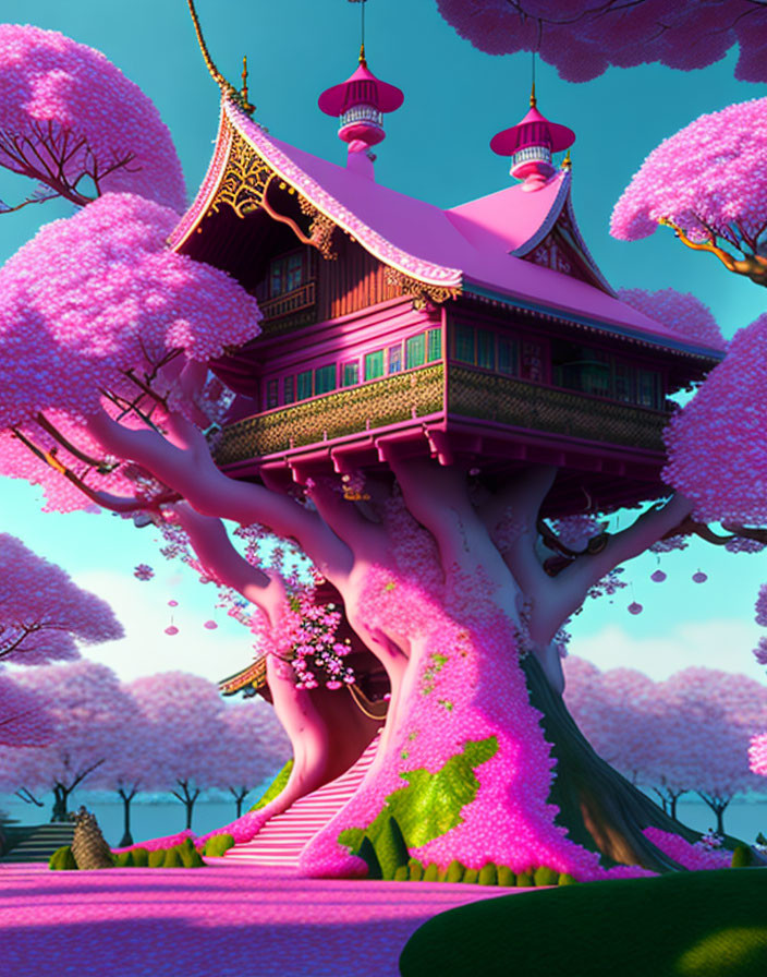 Fantastical treehouse with Asian architecture amid pink trees under purple sky