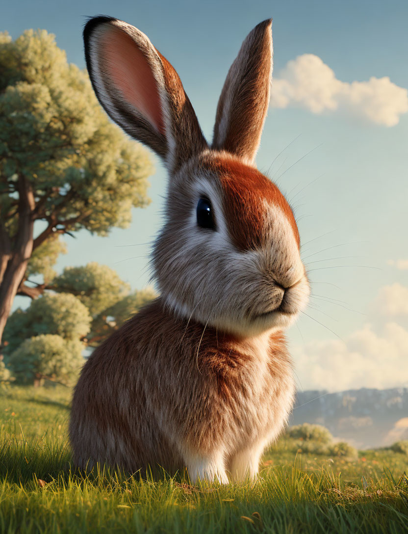 Realistic Animated Rabbit in Grass with Trees and Blue Sky