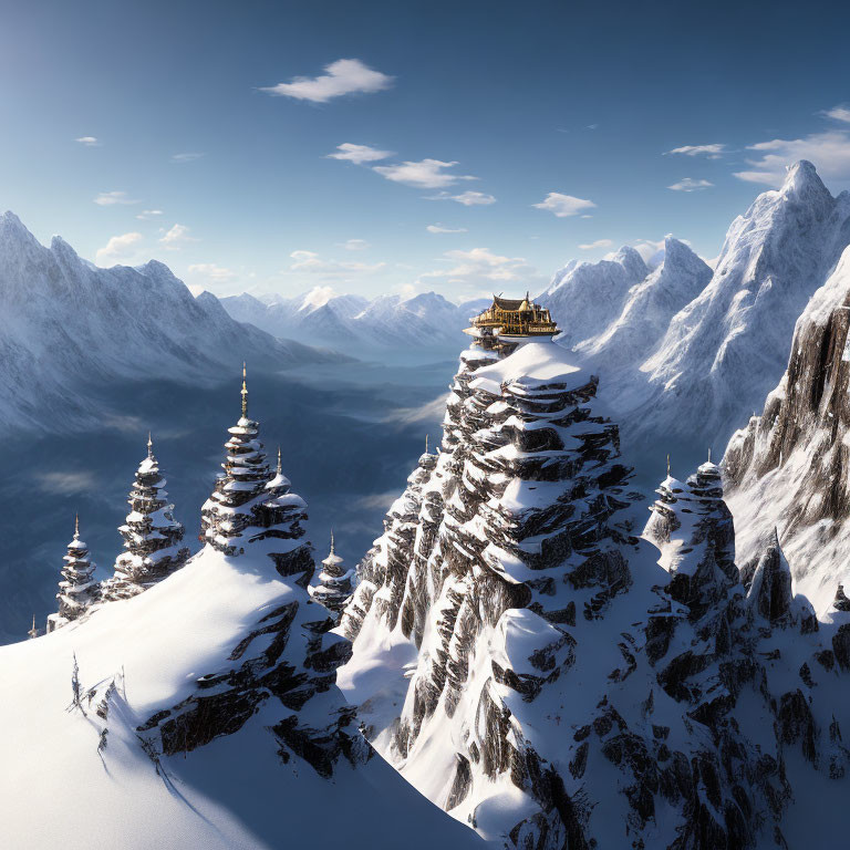 Snow-covered mountain landscape with Asian-style pagodas on cliffs