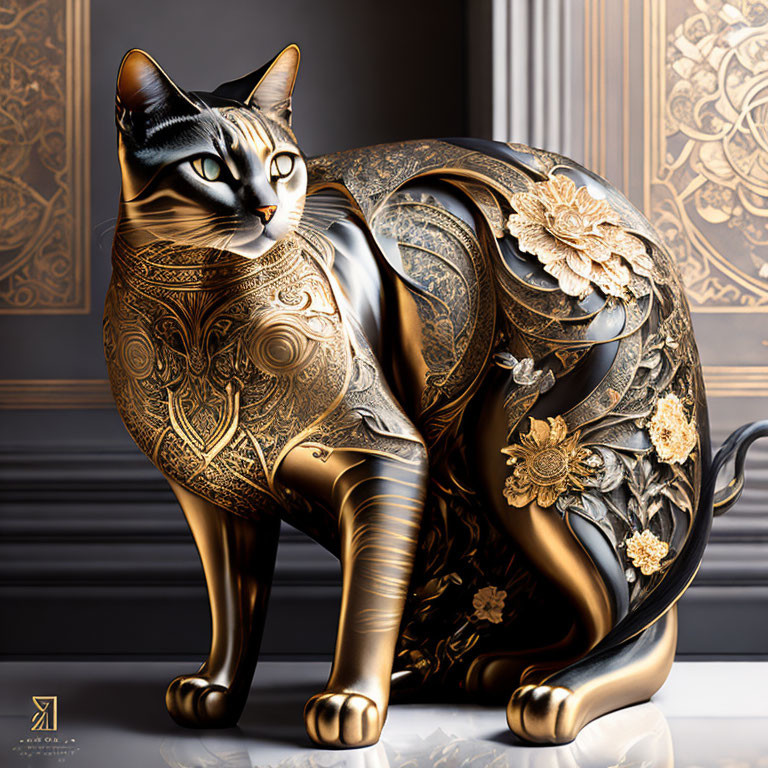 Ornate cat sculpture with gold and black detailing against decorative wall