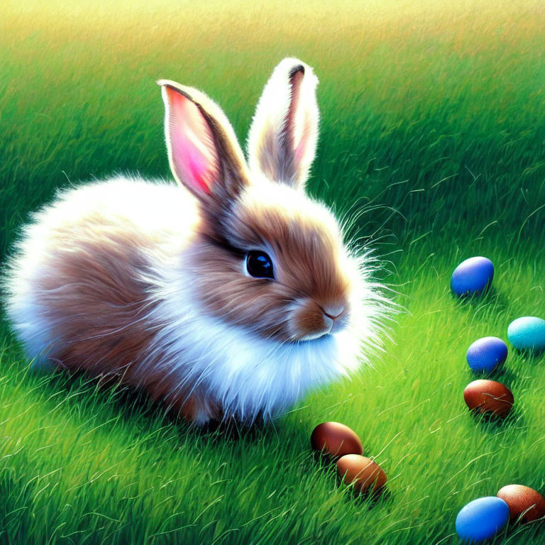 Fluffy rabbit in lush green field with colorful Easter eggs