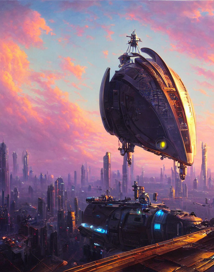 Futuristic city skyline at sunset with airship and colorful clouds