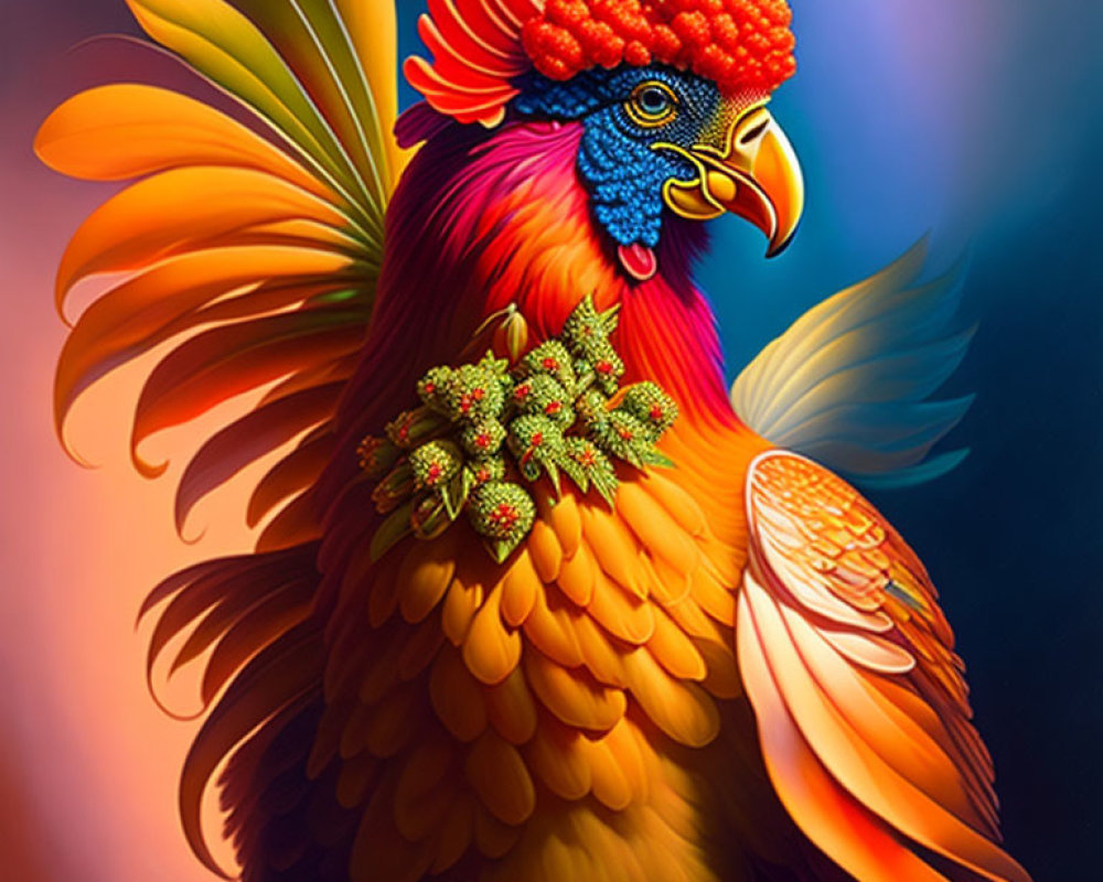 Colorful Rooster Artwork with Vibrant Feathers and Red Comb