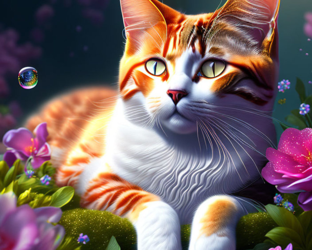 Orange and White Cat with Striking Eyes Among Purple Flowers and Bubbles on Dark Background