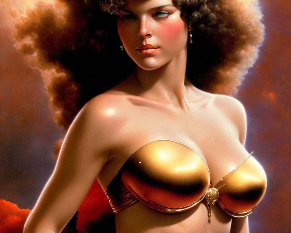 Fantasy art of woman in decorative headdress and gold bra against fiery backdrop