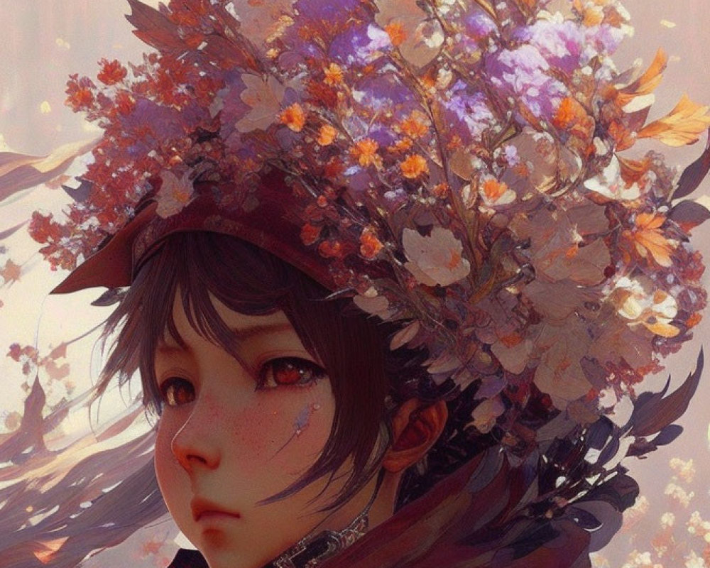 Digital artwork featuring person with serene expression in large, intricate floral hat.