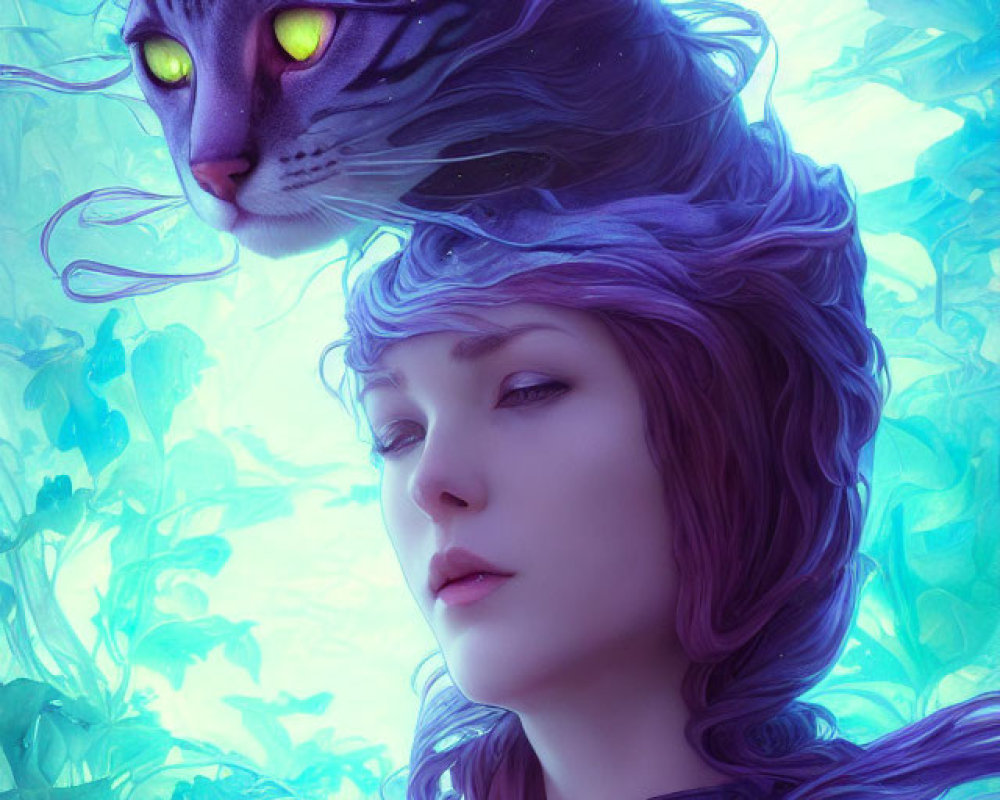 Detailed illustration: Woman and cat blend in purple hues on blue background