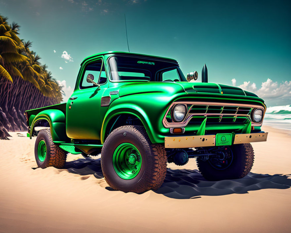 Vintage green pickup truck on sandy beach with palm trees and clear blue sky