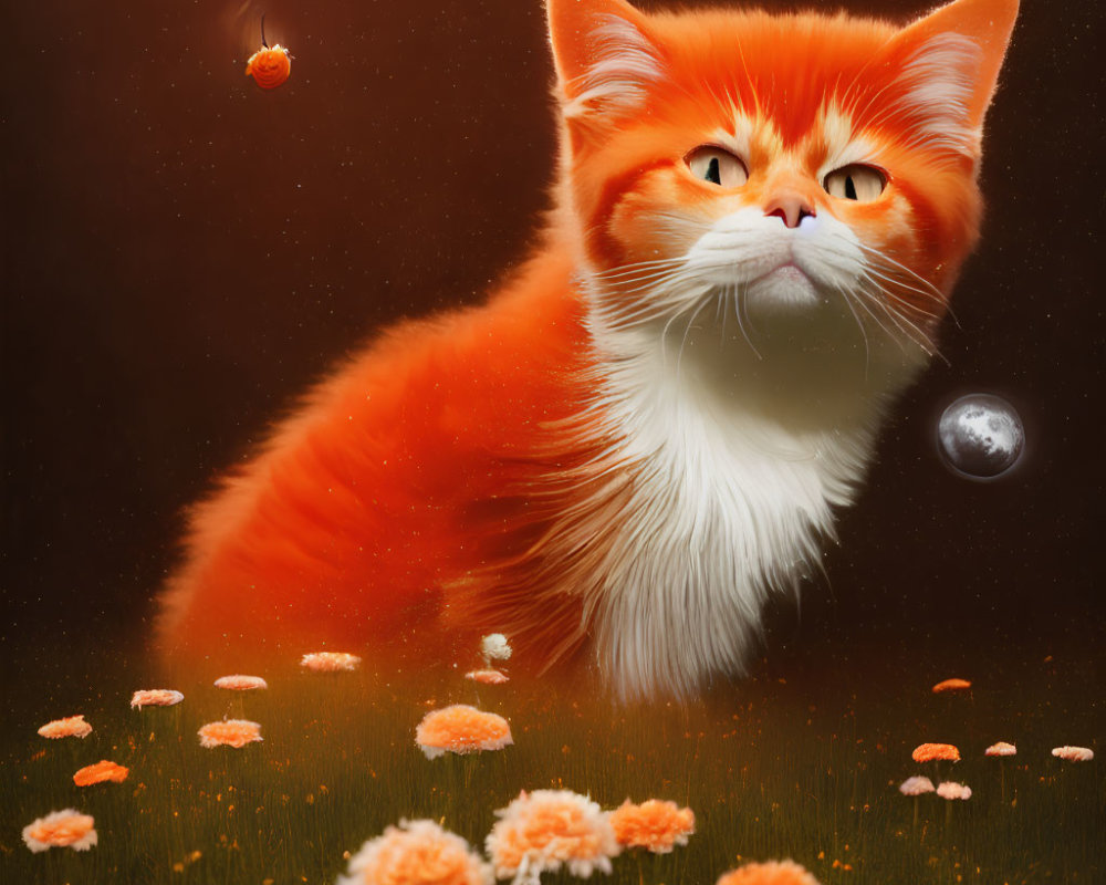 Whimsical orange and white cat in flower field with floating planets