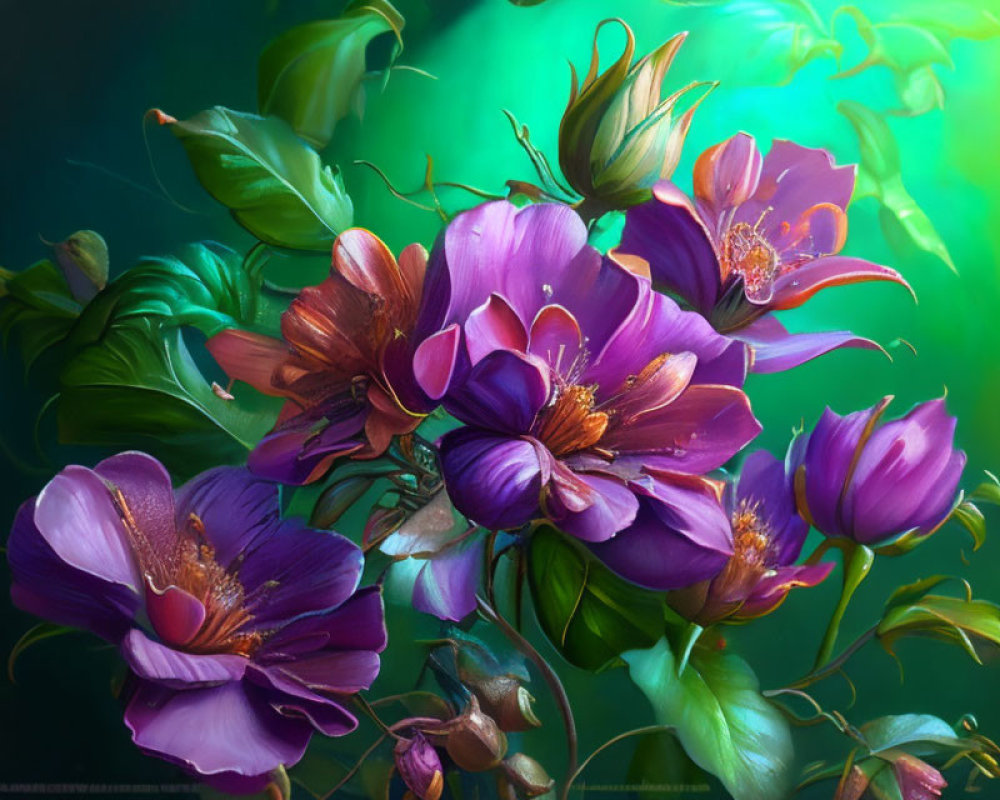 Colorful digital painting of purple flowers and green leaves on soft background