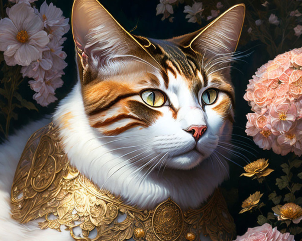 Regal Cat in Golden Armor Amid Pink and White Flowers