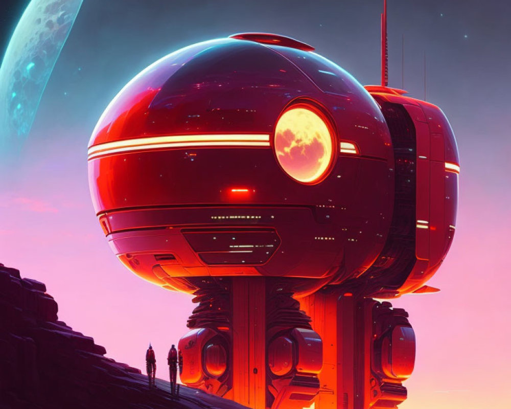 Futuristic spherical building on tall legs under pink sky with celestial bodies