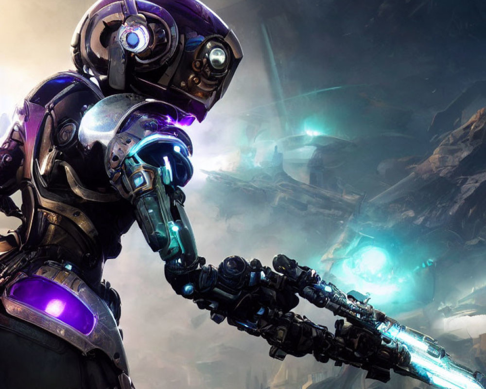 Futuristic humanoid robot with purple glowing elements and energy weapon in sci-fi setting