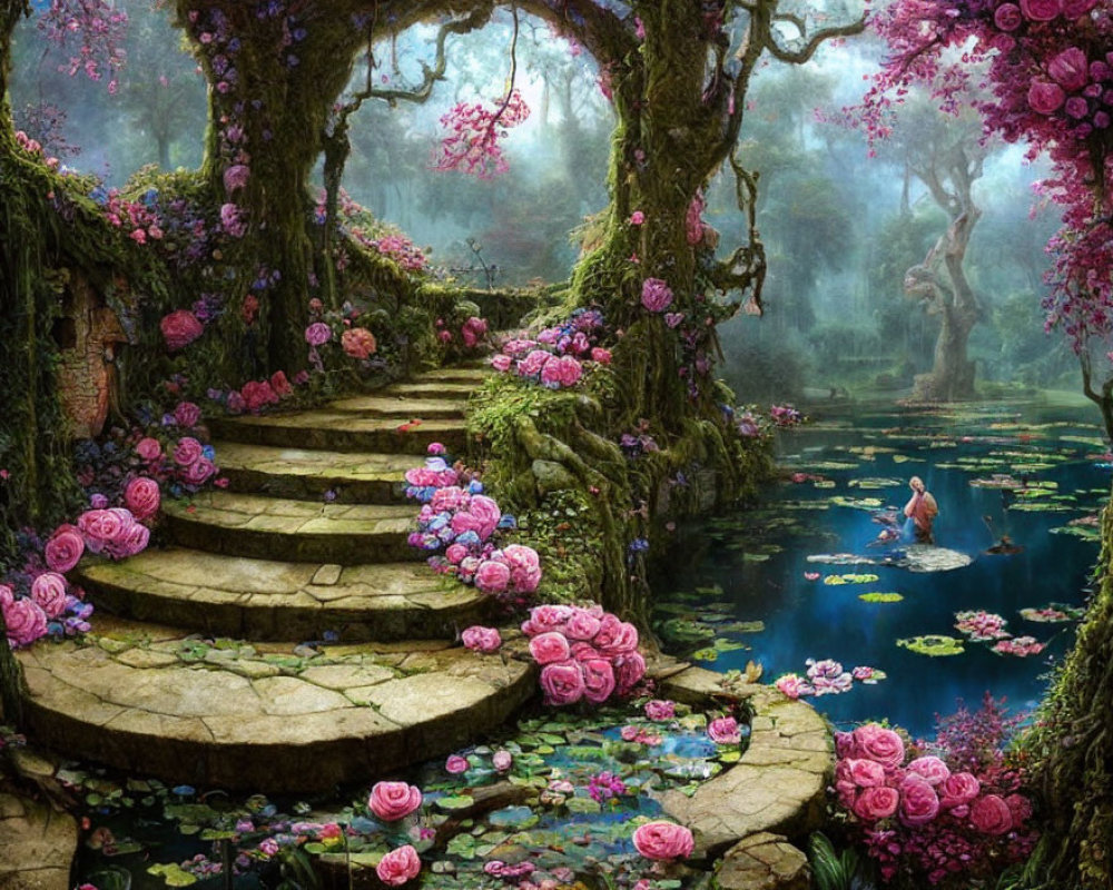 Enchanting forest scene with stone steps, pink blossoms, mossy trees, and serene pond