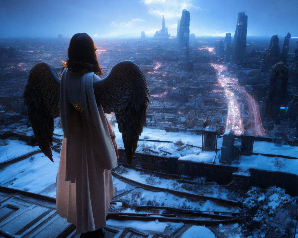 Angel wings figure overlooking futuristic city at night