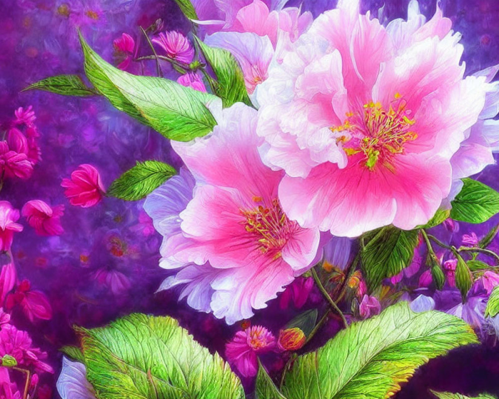 Colorful Digital Art: Pink Peonies on Textured Purple Background