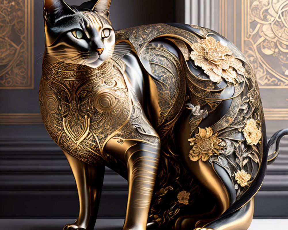 Ornate cat sculpture with gold and black detailing against decorative wall