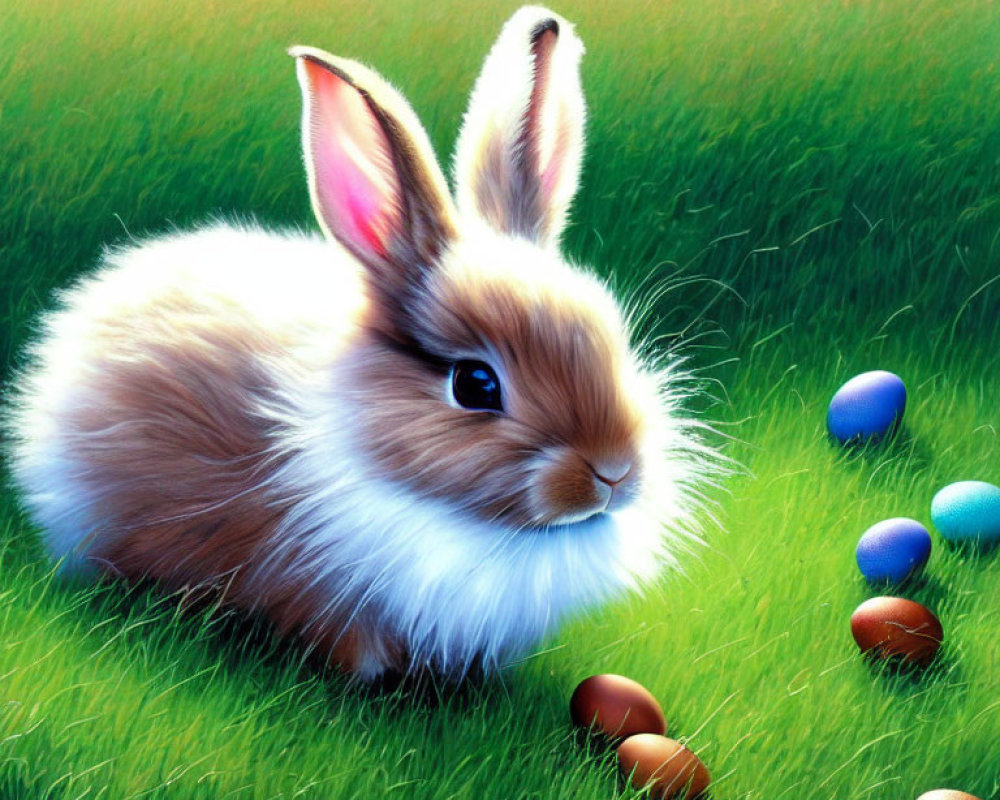 Fluffy rabbit in lush green field with colorful Easter eggs