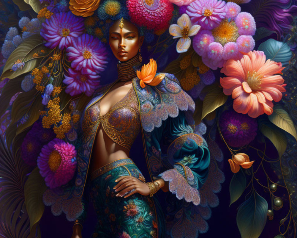 Vibrant illustration of woman in ornate garments with exotic flowers