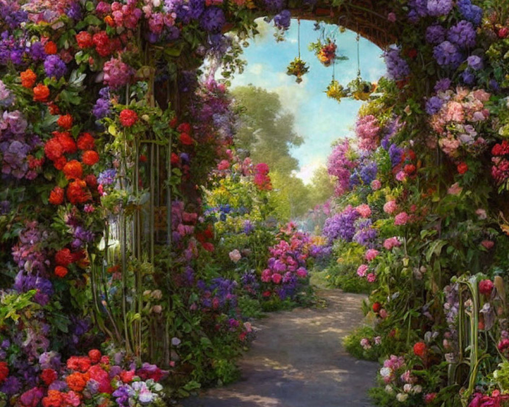 Colorful Flower-Lined Garden Pathway with Floral Archway