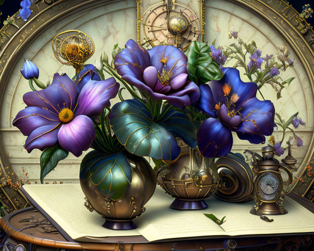 Vibrant Purple Flowers and Ornate Clocks in Still Life Composition