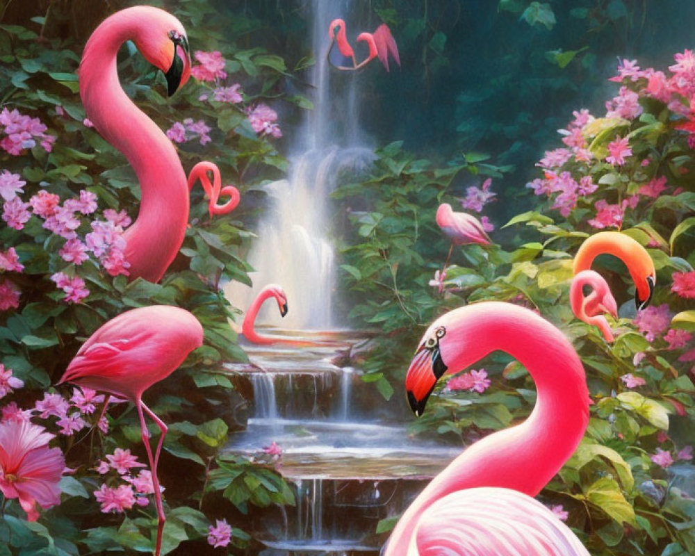 Colorful painting: pink flamingos by waterfall in lush greenery