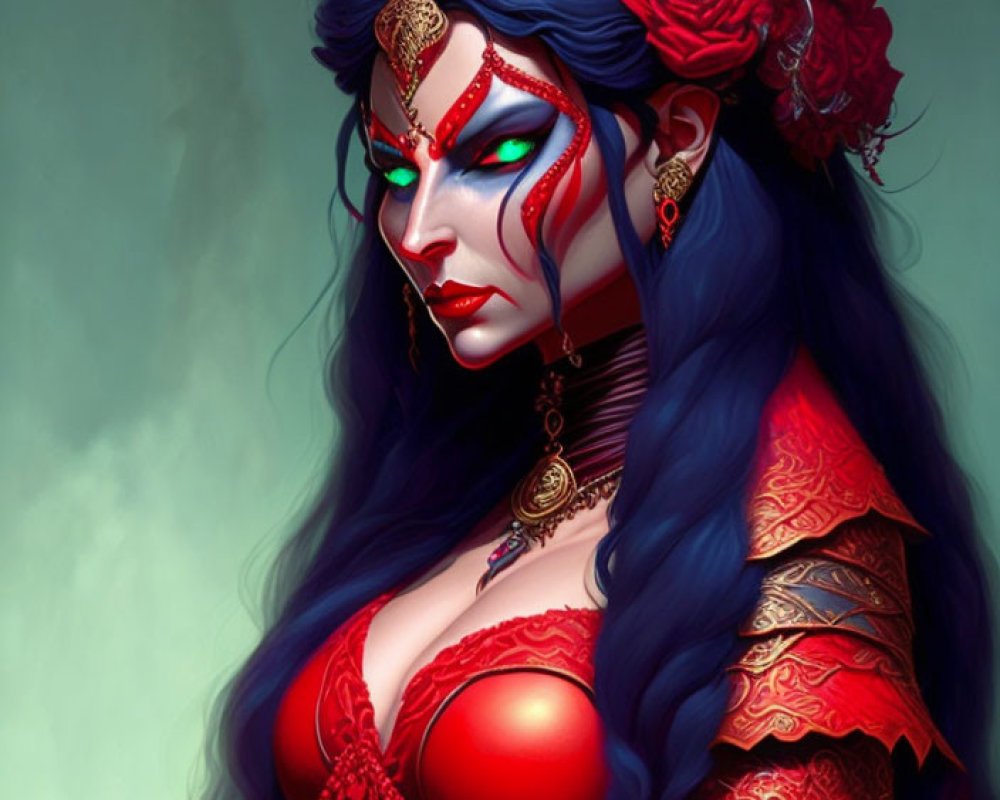 Blue-skinned woman with red clothing and gold jewelry in digital art