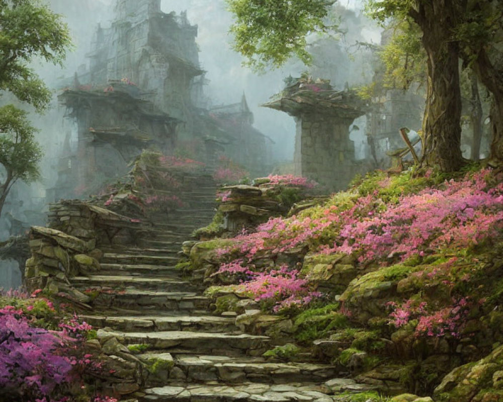 Ancient stone staircase in misty forest with pink flowers and crumbling ruins