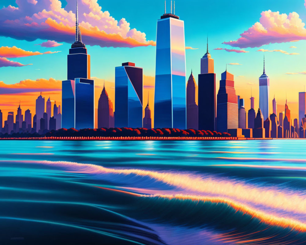 Colorful city skyline illustration with skyscrapers, water reflection, and sunset sky