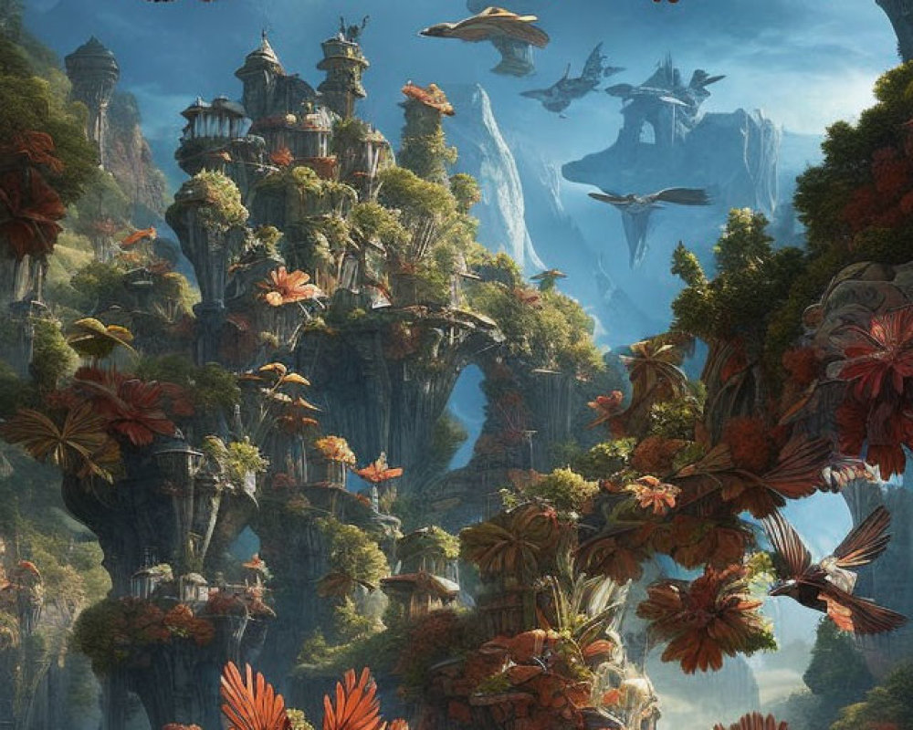 Fantastical landscape with towering rock formations, red foliage, flying creatures, and serene water.