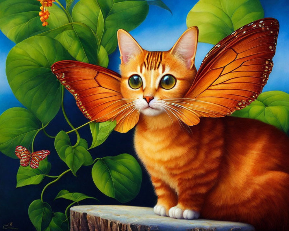 Orange Tabby Cat with Butterfly Wings on Wooden Surface Among Green Leaves