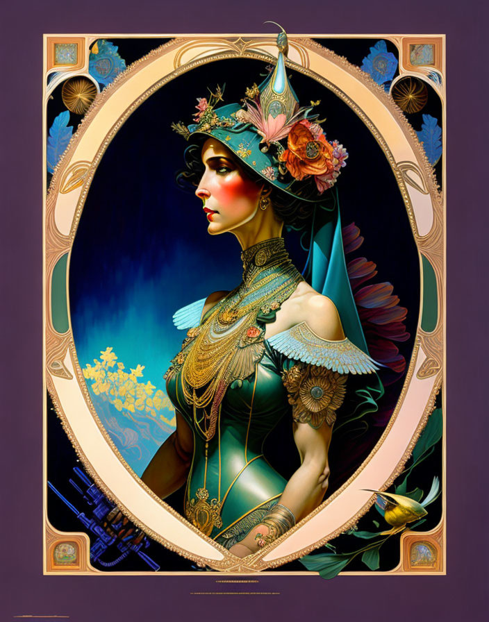 Art Nouveau style woman with elaborate headwear and jewelry in night sky backdrop