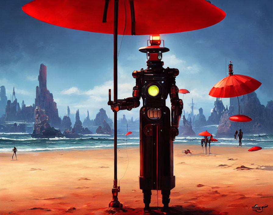 Futuristic robotic figure under red umbrella on sandy beach