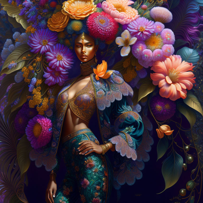 Vibrant illustration of woman in ornate garments with exotic flowers