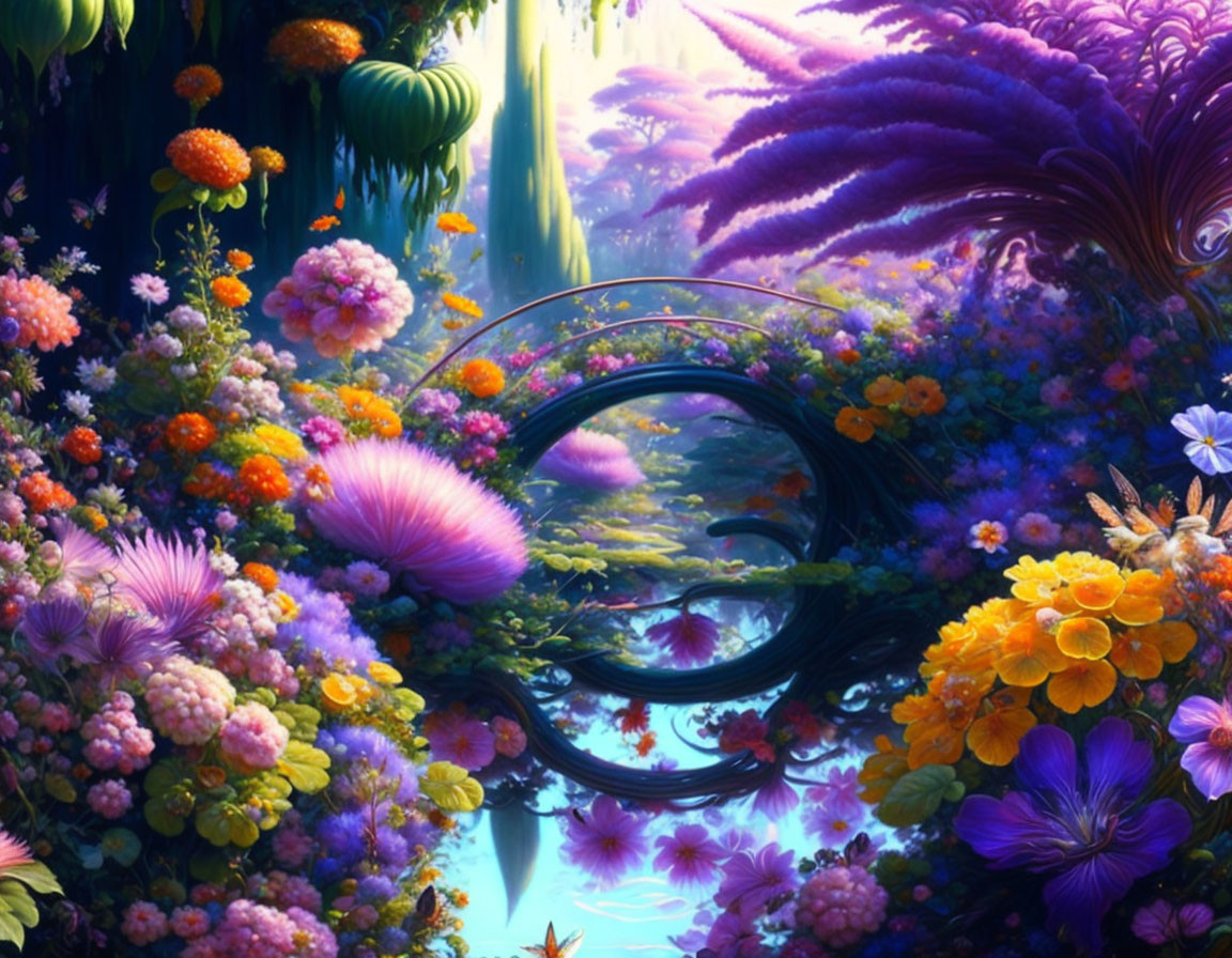 Colorful Whimsical Garden Illustration with Fantastical Flowers and Serene Pond