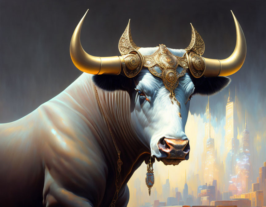 Majestic white bull with golden horns in futuristic cityscape