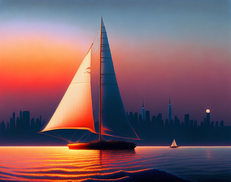 Sailboat with large sails on tranquil water at sunset