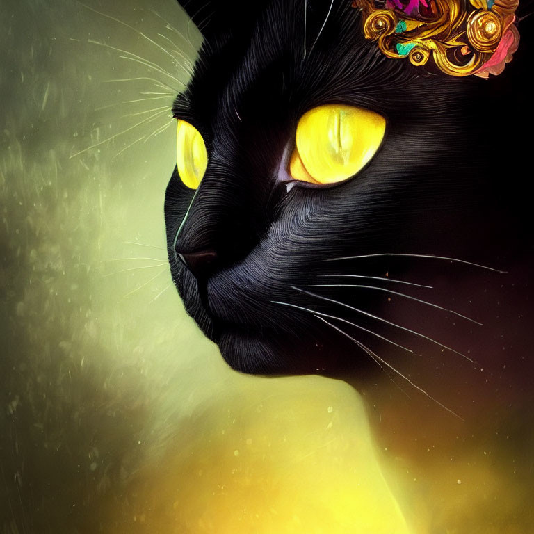 Colorful Digital Art Portrait of Black Cat with Yellow Eyes and Ornate Headdress