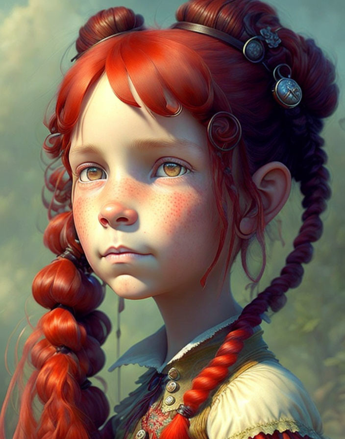 Digital Art: Young Girl with Red Braided Hair and Green Traditional Dress